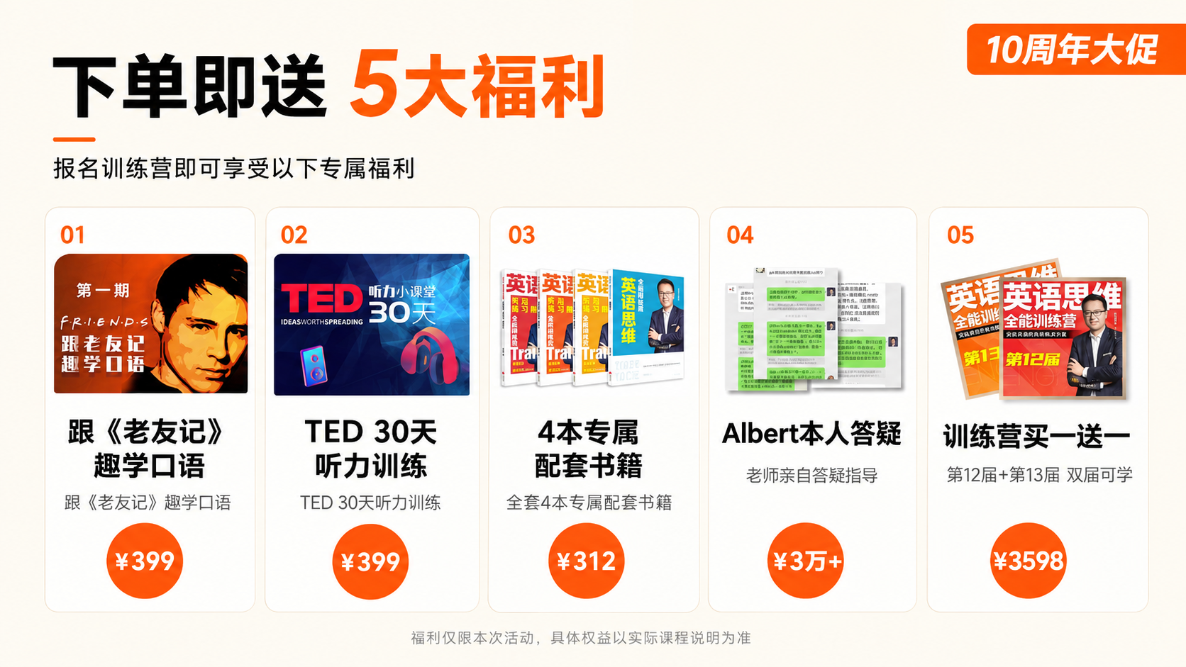 下单即送五大福利：老友记趣学口语、TED 30天听力训练、四本专属配套书籍、Albert老师答疑和第12届加第13届双届可学